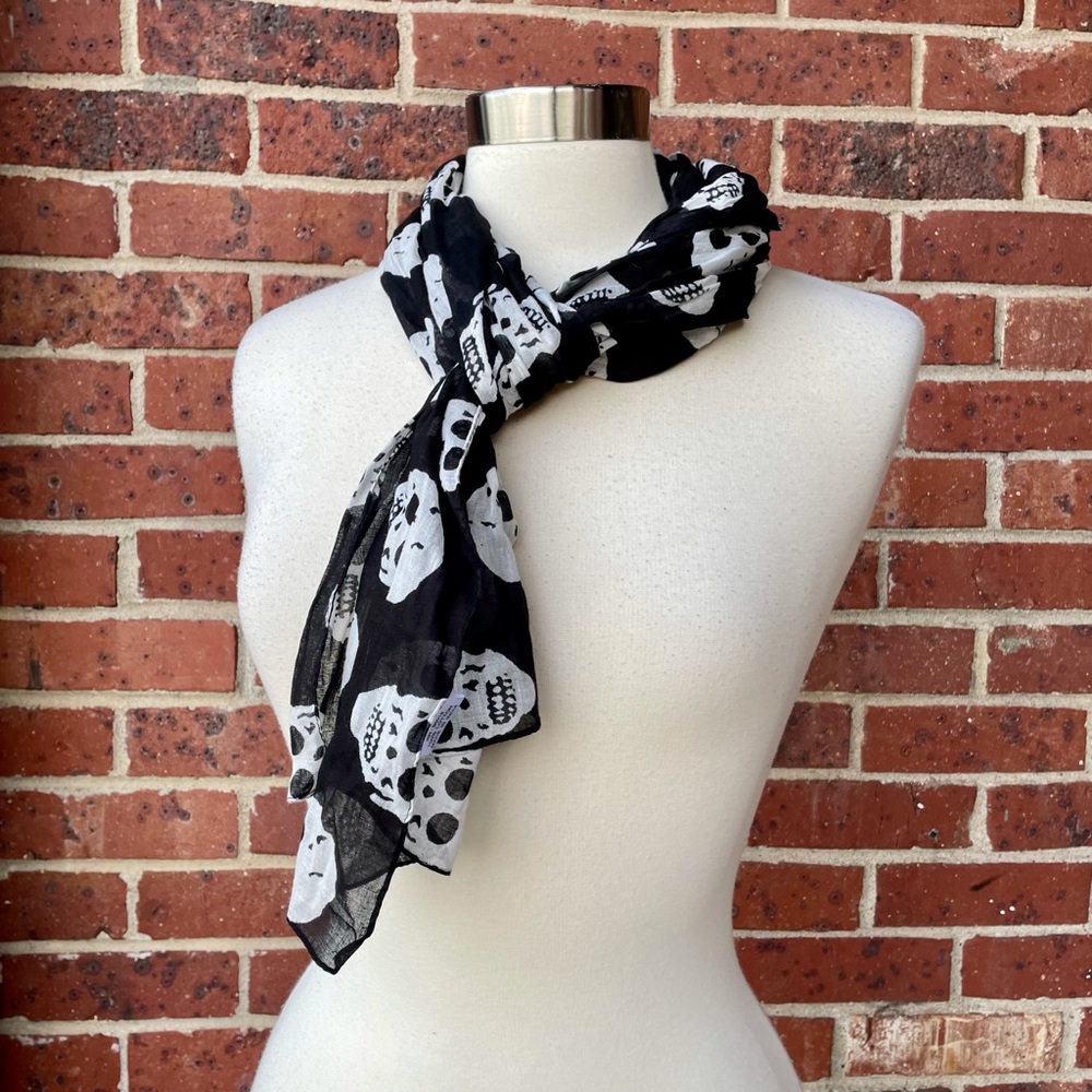 Black & White Sheer Rectangular Skull Scarf 100% Cotton Semi-Sheer